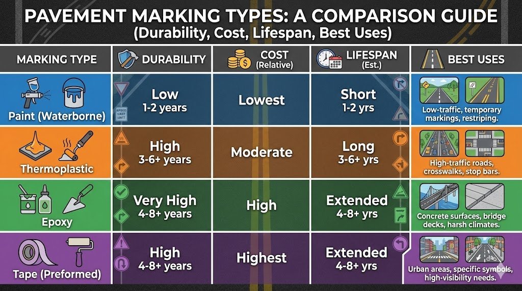 Comparing Different Types of Pavement Markings and Their Uses
